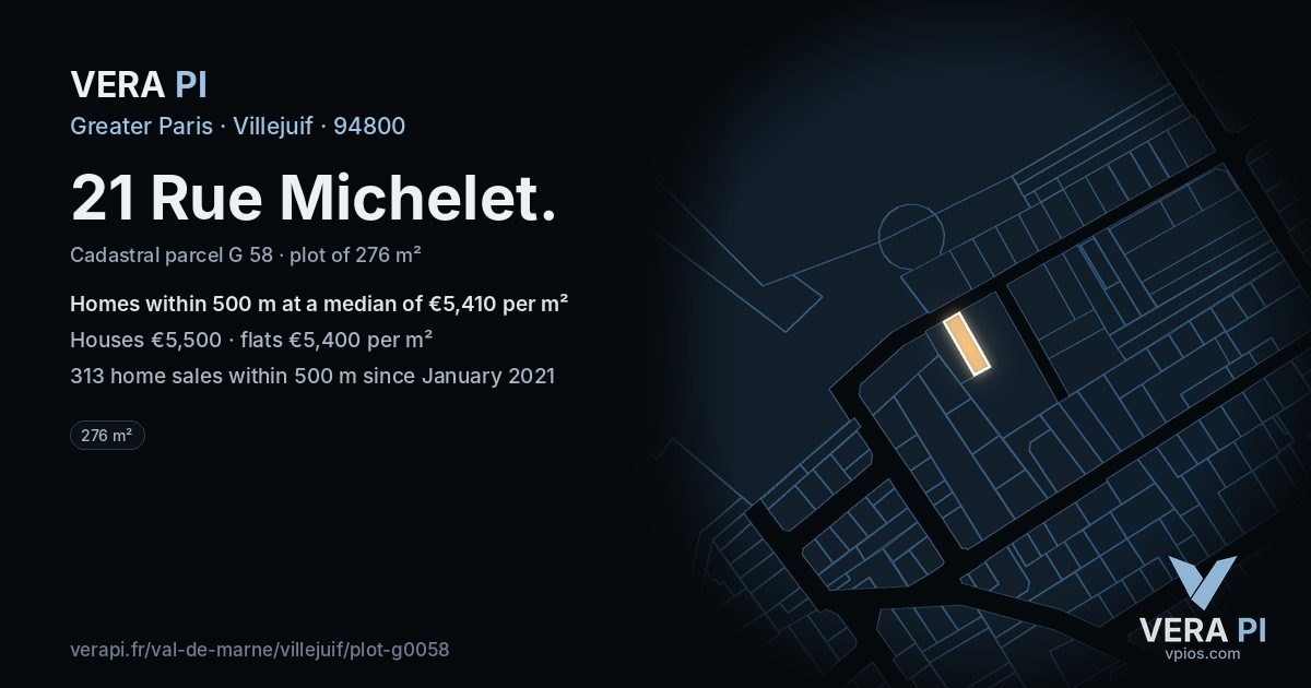 21 Rue Michelet, Villejuif at night – the plot lit, the parcels around coloured by the prices near them