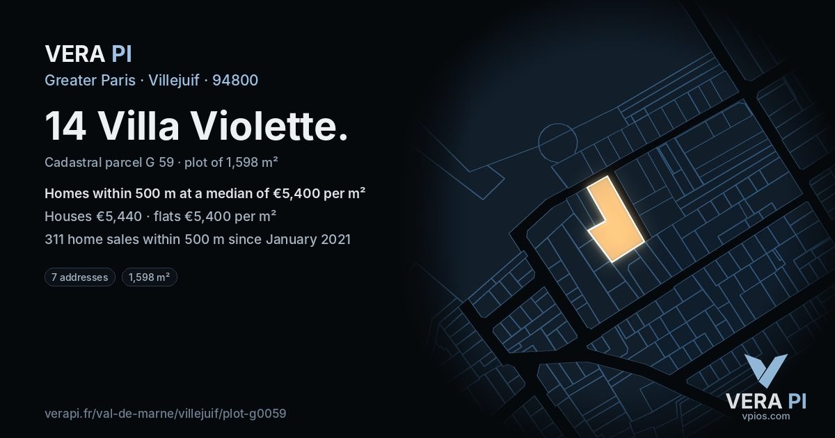 14 Villa Violette, Villejuif at night – the plot lit, the parcels around coloured by the prices near them