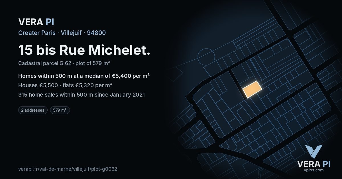 15 bis Rue Michelet, Villejuif at night – the plot lit, the parcels around coloured by the prices near them