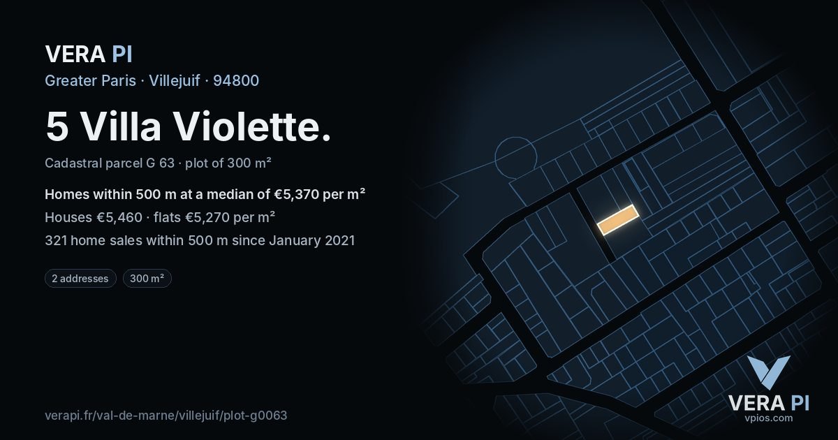 5 Villa Violette, Villejuif at night – the plot lit, the parcels around coloured by the prices near them