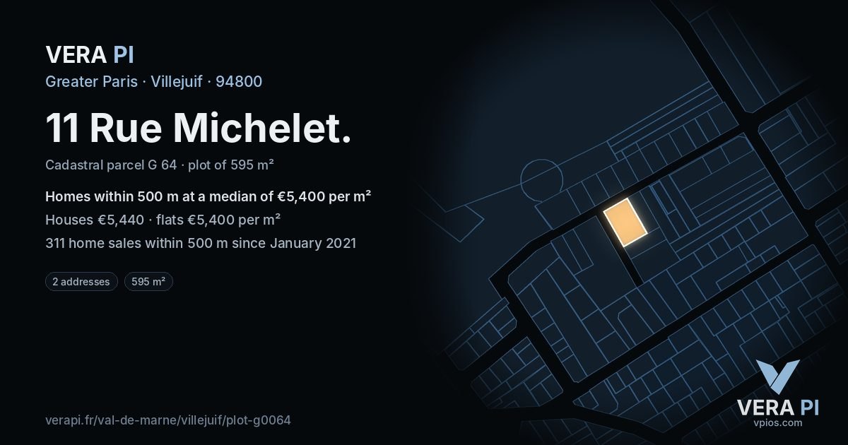 11 Rue Michelet, Villejuif at night – the plot lit, the parcels around coloured by the prices near them