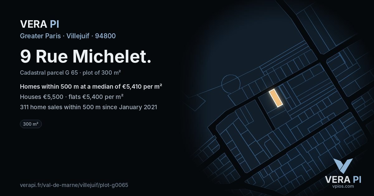 9 Rue Michelet, Villejuif at night – the plot lit, the parcels around coloured by the prices near them