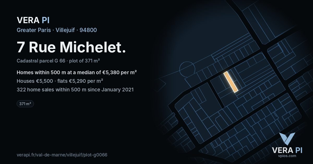 7 Rue Michelet, Villejuif at night – the plot lit, the parcels around coloured by the prices near them