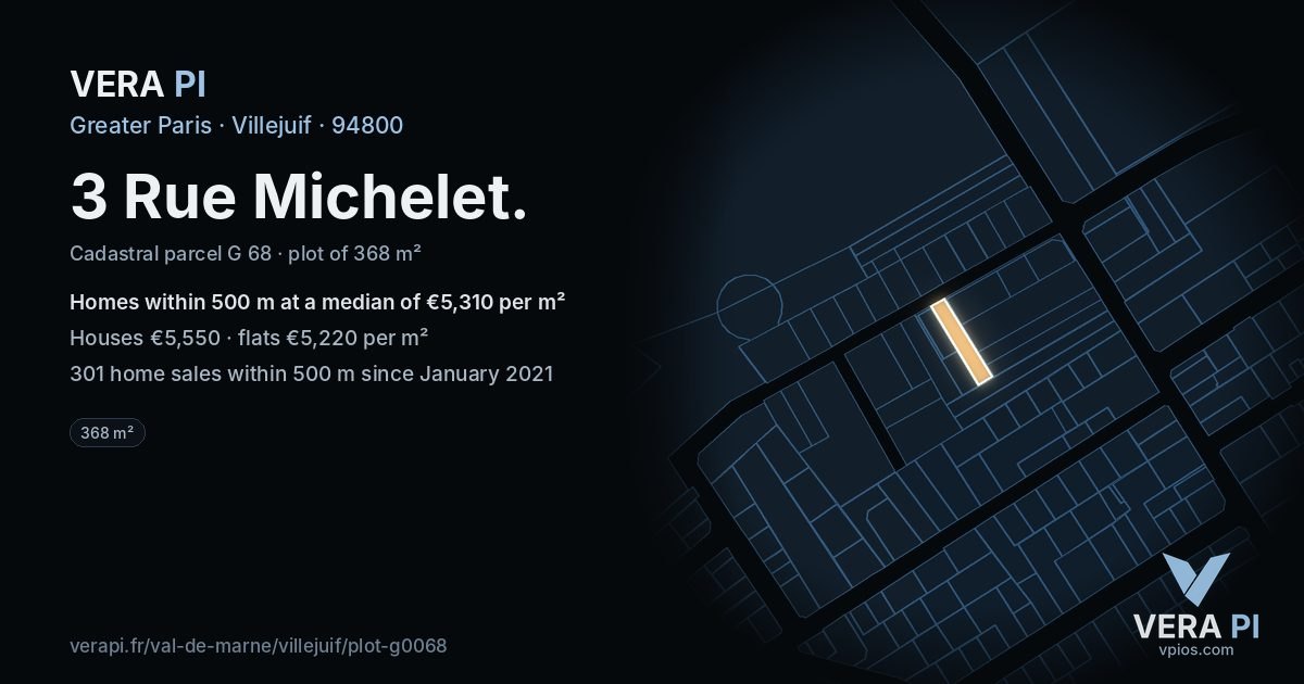 3 Rue Michelet, Villejuif at night – the plot lit, the parcels around coloured by the prices near them