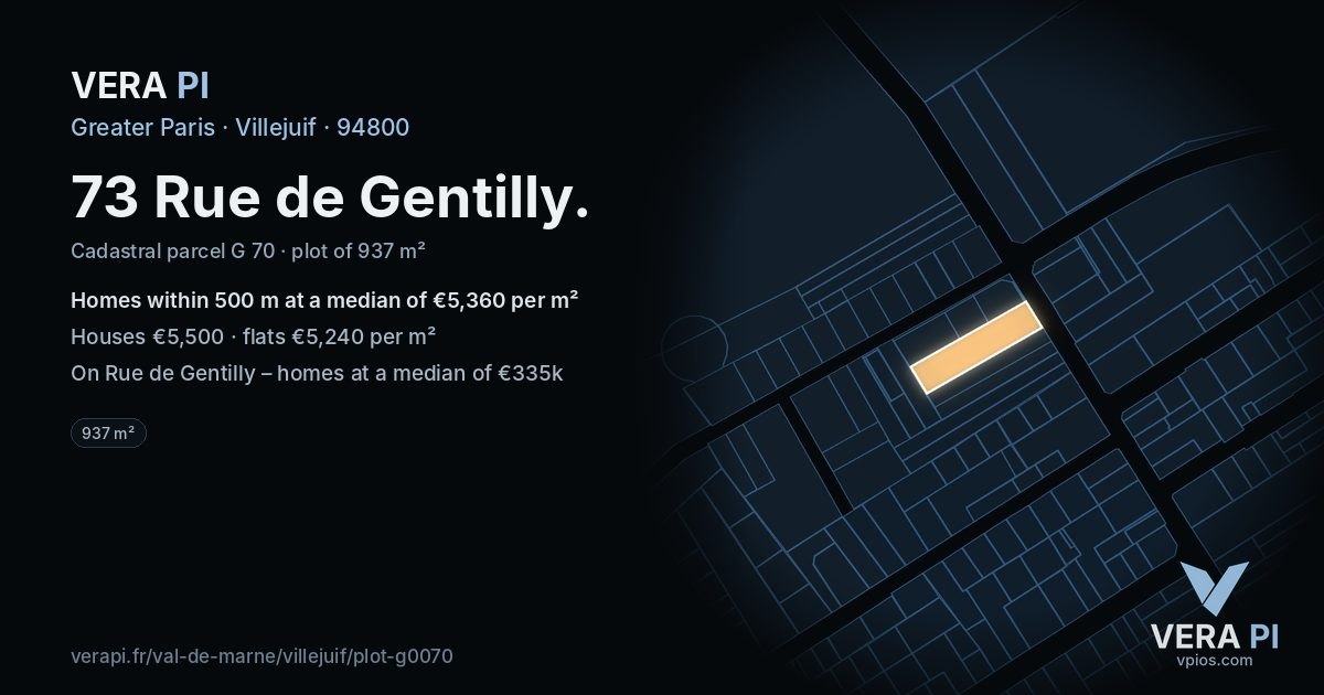 73 Rue de Gentilly, Villejuif at night – the plot lit, the parcels around coloured by the prices near them