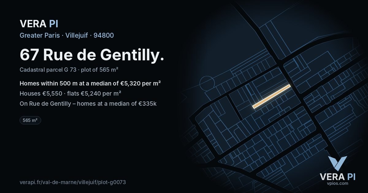 67 Rue de Gentilly, Villejuif at night – the plot lit, the parcels around coloured by the prices near them