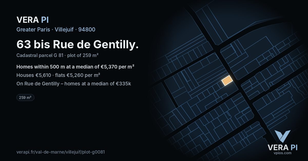 63 bis Rue de Gentilly, Villejuif at night – the plot lit, the parcels around coloured by the prices near them