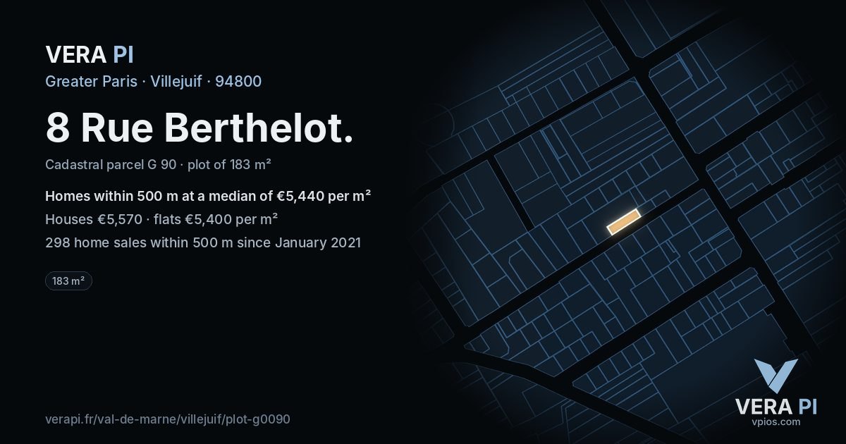 8 Rue Berthelot, Villejuif at night – the plot lit, the parcels around coloured by the prices near them