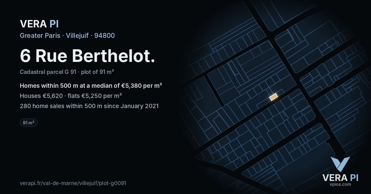 6 Rue Berthelot, Villejuif at night – the plot lit, the parcels around coloured by the prices near them