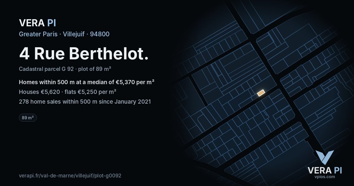 4 Rue Berthelot, Villejuif at night – the plot lit, the parcels around coloured by the prices near them