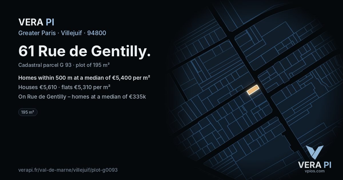 61 Rue de Gentilly, Villejuif at night – the plot lit, the parcels around coloured by the prices near them
