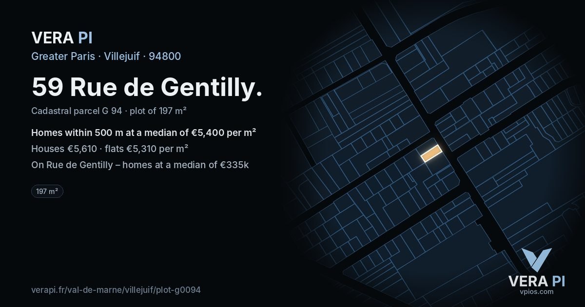 59 Rue de Gentilly, Villejuif at night – the plot lit, the parcels around coloured by the prices near them