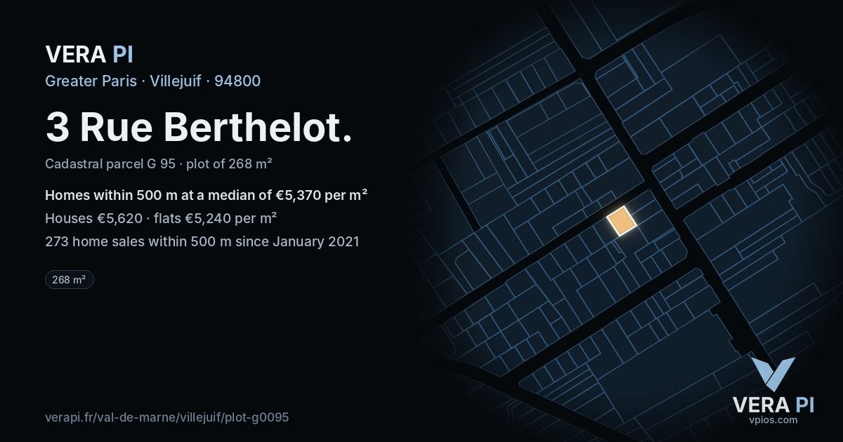 3 Rue Berthelot, Villejuif at night – the plot lit, the parcels around coloured by the prices near them