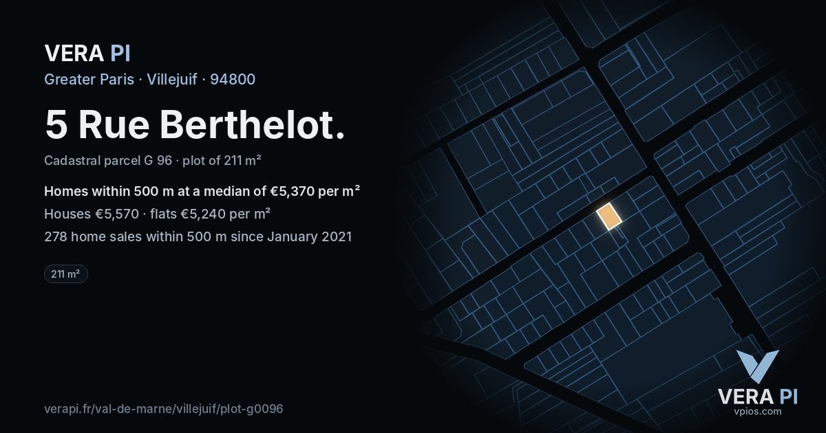 5 Rue Berthelot, Villejuif at night – the plot lit, the parcels around coloured by the prices near them