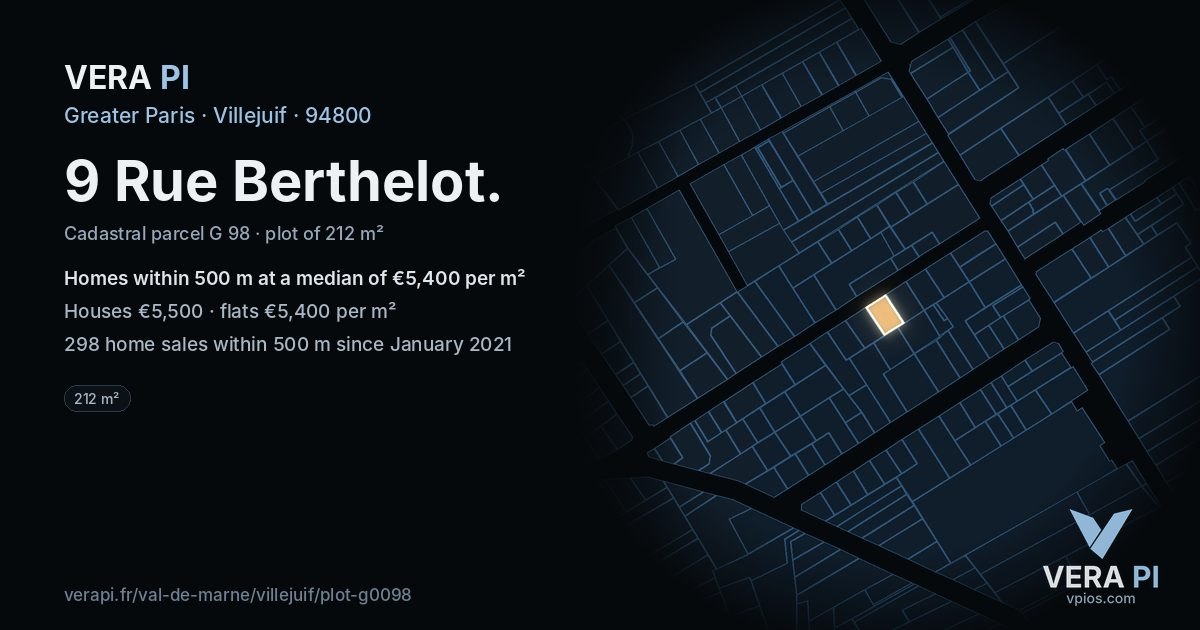 9 Rue Berthelot, Villejuif at night – the plot lit, the parcels around coloured by the prices near them