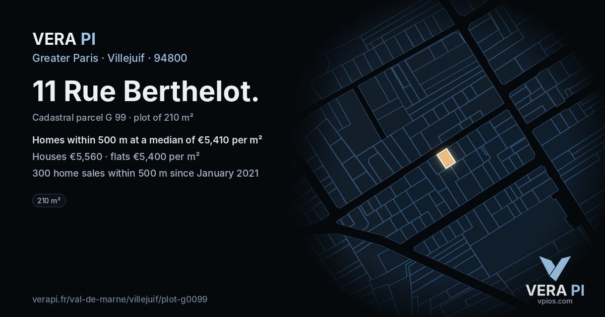 11 Rue Berthelot, Villejuif at night – the plot lit, the parcels around coloured by the prices near them