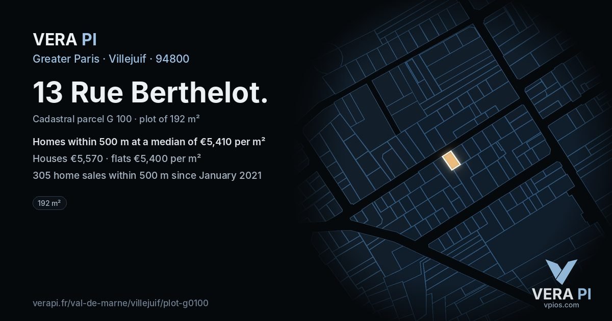 13 Rue Berthelot, Villejuif at night – the plot lit, the parcels around coloured by the prices near them