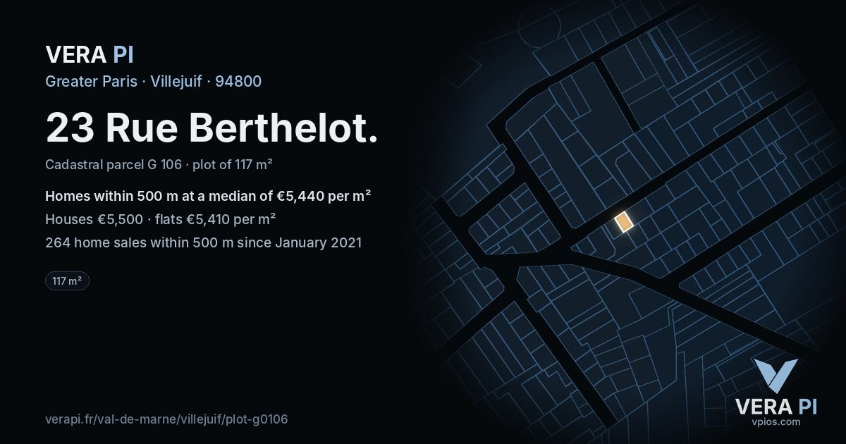 23 Rue Berthelot, Villejuif at night – the plot lit, the parcels around coloured by the prices near them