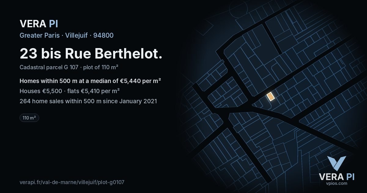 23 bis Rue Berthelot, Villejuif at night – the plot lit, the parcels around coloured by the prices near them
