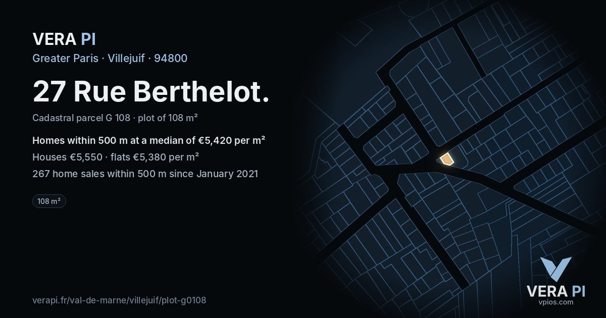 27 Rue Berthelot, Villejuif at night – the plot lit, the parcels around coloured by the prices near them