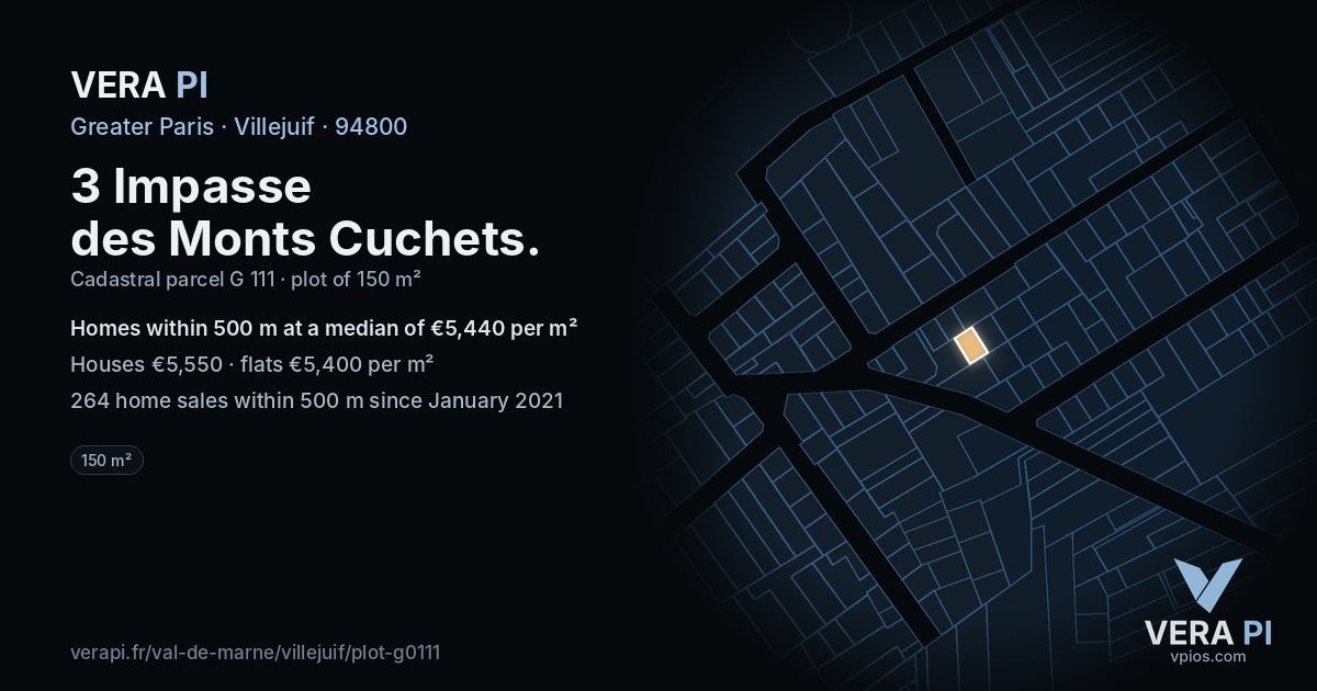3 Impasse des Monts Cuchets, Villejuif at night – the plot lit, the parcels around coloured by the prices near them