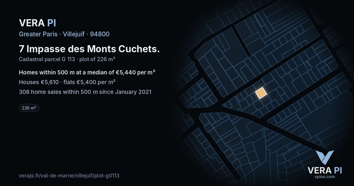 7 Impasse des Monts Cuchets, Villejuif at night – the plot lit, the parcels around coloured by the prices near them