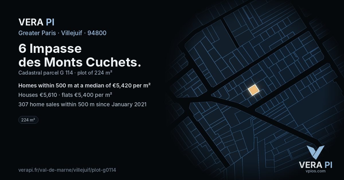 6 Impasse des Monts Cuchets, Villejuif at night – the plot lit, the parcels around coloured by the prices near them