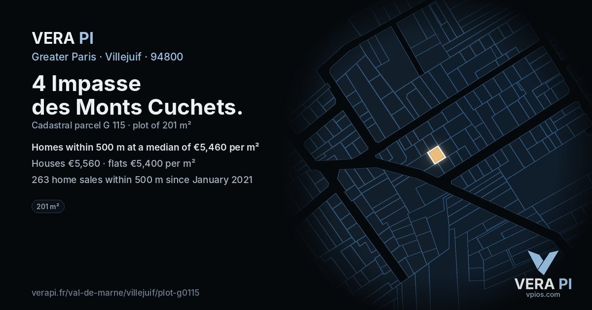 4 Impasse des Monts Cuchets, Villejuif at night – the plot lit, the parcels around coloured by the prices near them