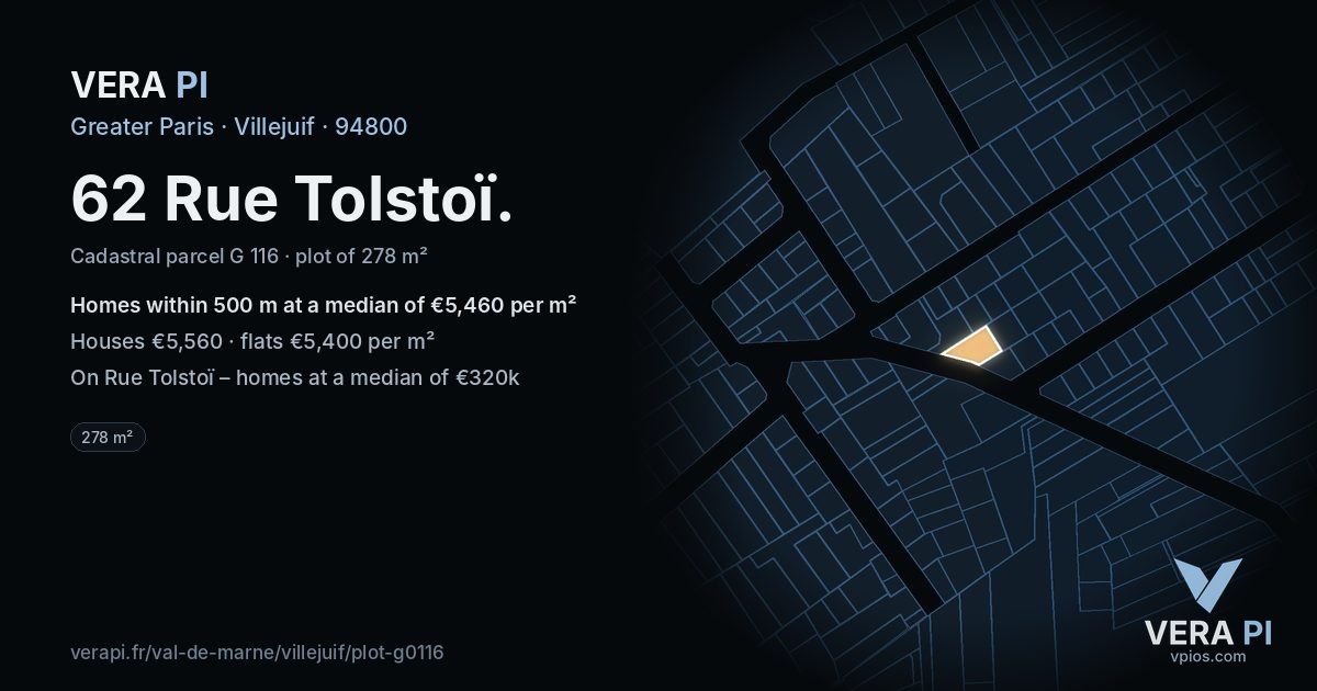 62 Rue Tolstoï, Villejuif at night – the plot lit, the parcels around coloured by the prices near them
