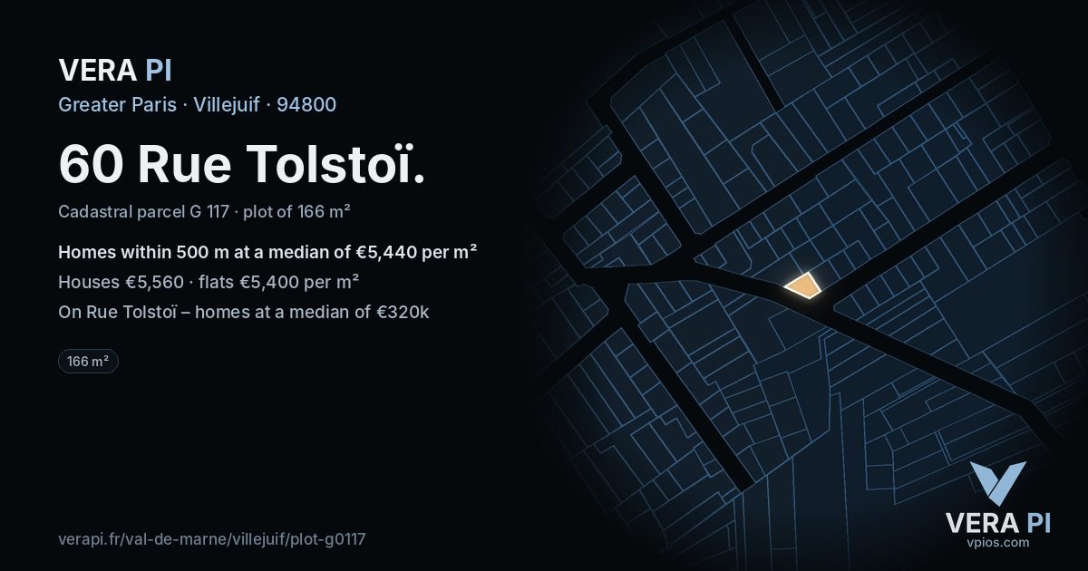 60 Rue Tolstoï, Villejuif at night – the plot lit, the parcels around coloured by the prices near them
