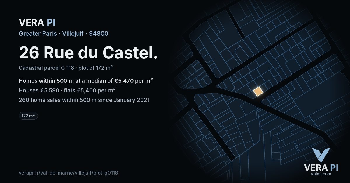 26 Rue du Castel, Villejuif at night – the plot lit, the parcels around coloured by the prices near them