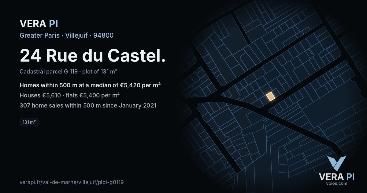24 Rue du Castel, Villejuif at night – the plot lit, the parcels around coloured by the prices near them