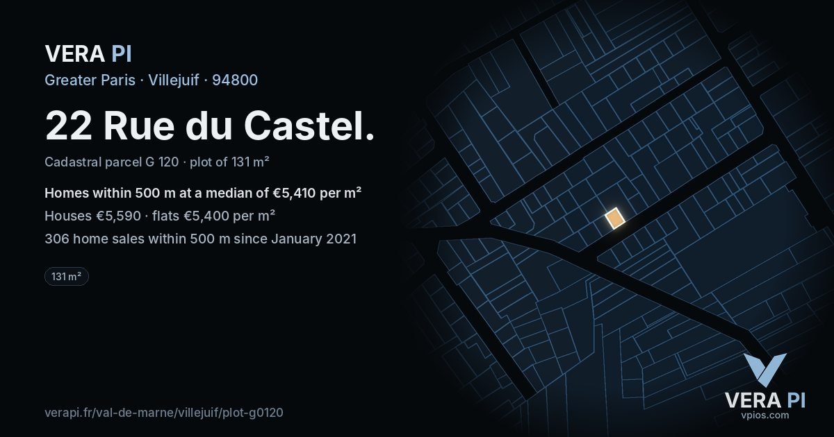 22 Rue du Castel, Villejuif at night – the plot lit, the parcels around coloured by the prices near them