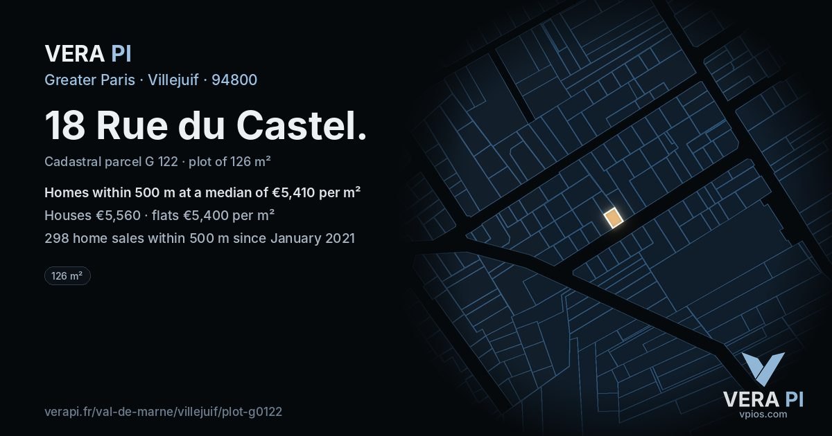 18 Rue du Castel, Villejuif at night – the plot lit, the parcels around coloured by the prices near them