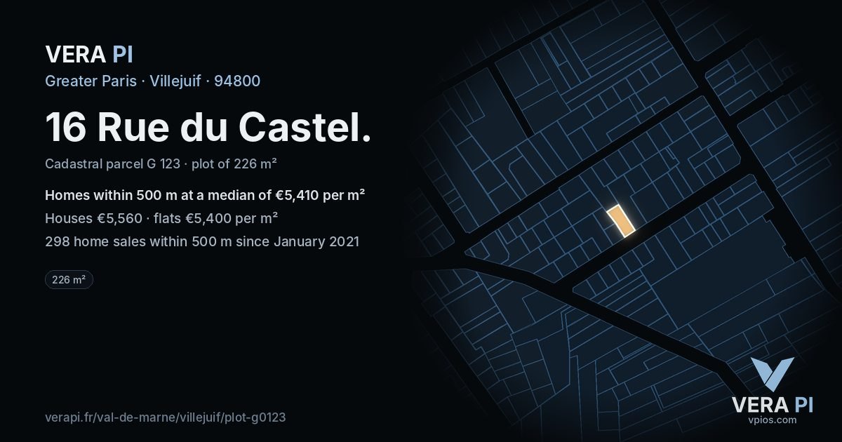 16 Rue du Castel, Villejuif at night – the plot lit, the parcels around coloured by the prices near them