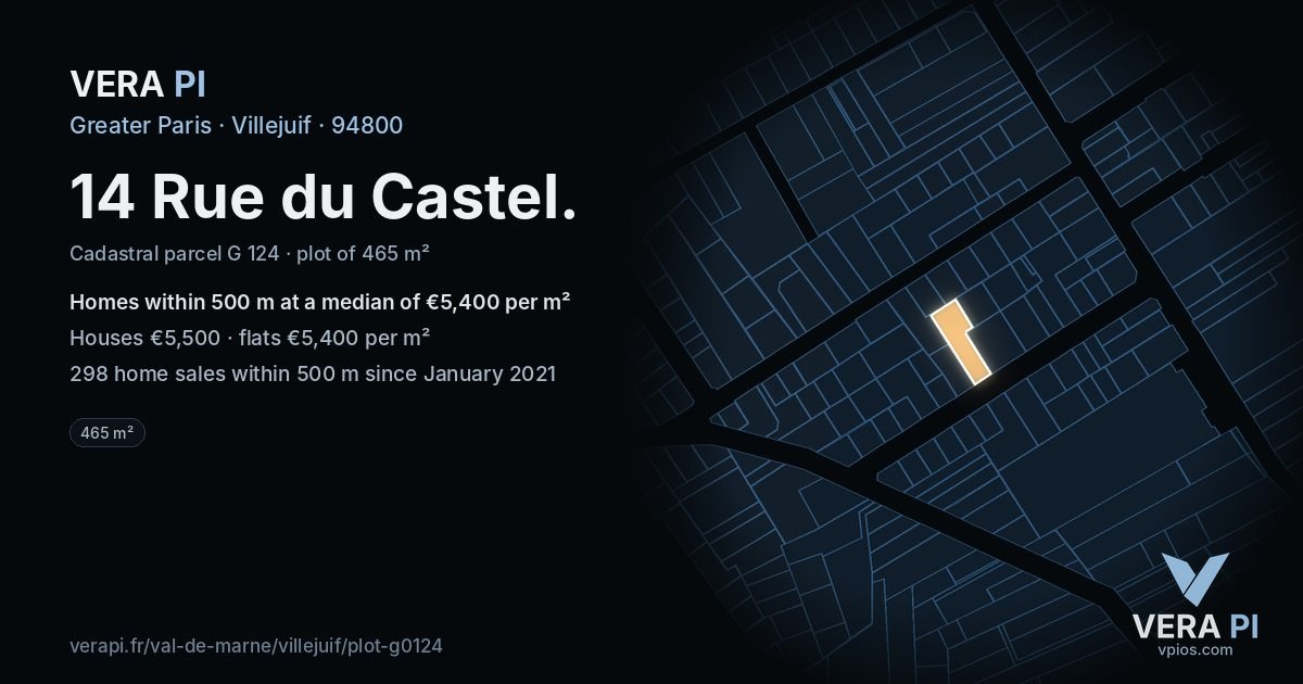 14 Rue du Castel, Villejuif at night – the plot lit, the parcels around coloured by the prices near them
