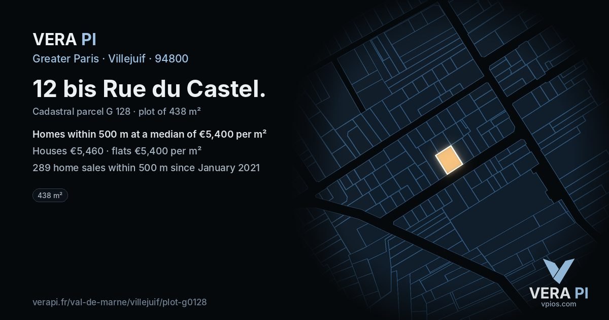 12 bis Rue du Castel, Villejuif at night – the plot lit, the parcels around coloured by the prices near them