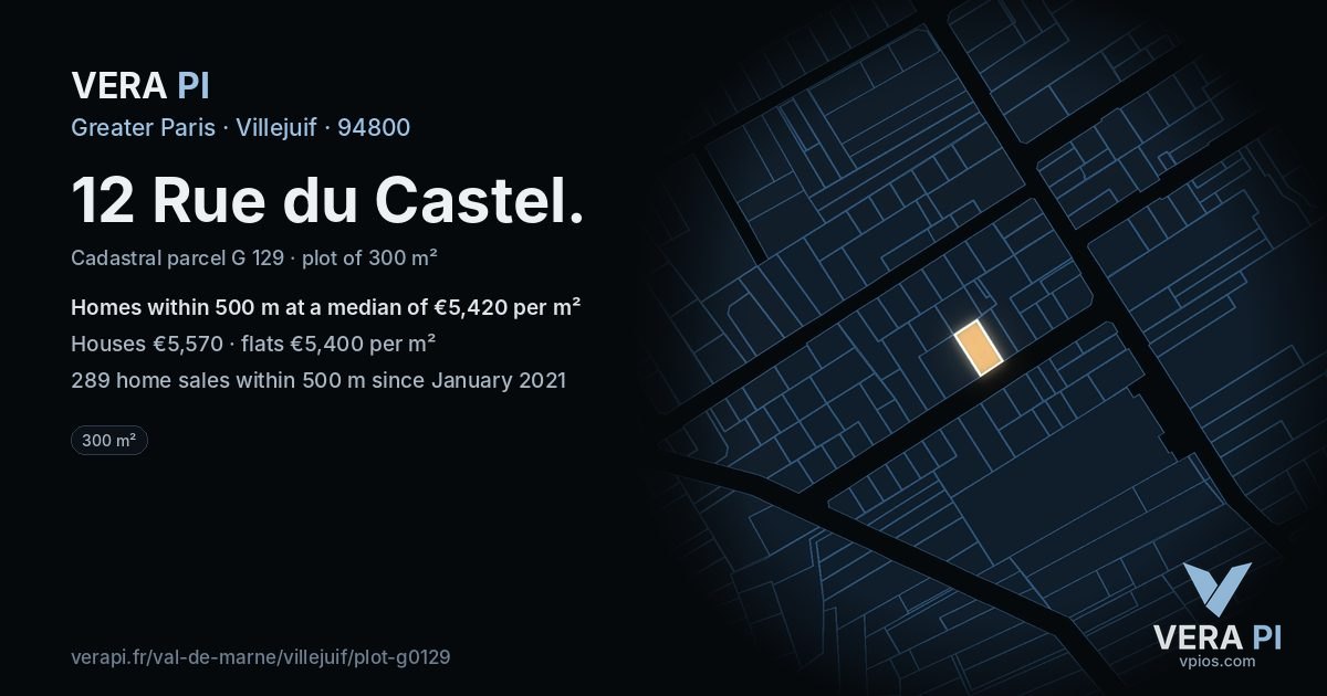 12 Rue du Castel, Villejuif at night – the plot lit, the parcels around coloured by the prices near them