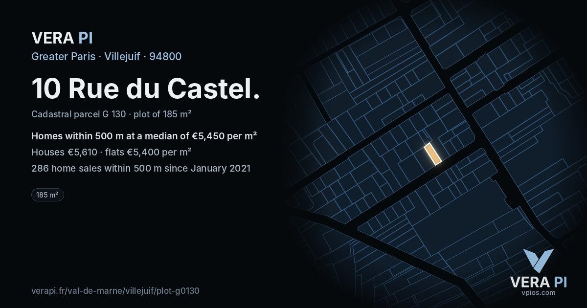 10 Rue du Castel, Villejuif at night – the plot lit, the parcels around coloured by the prices near them