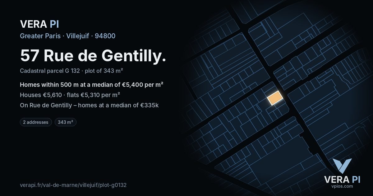 57 Rue de Gentilly, Villejuif at night – the plot lit, the parcels around coloured by the prices near them