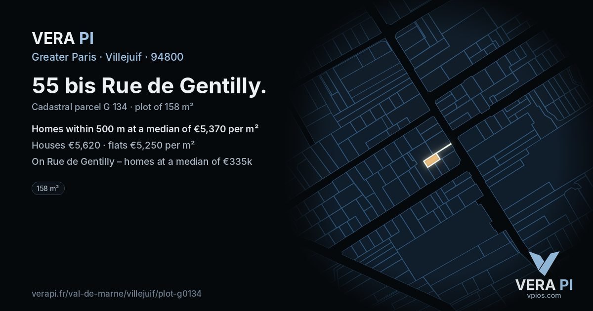 55 bis Rue de Gentilly, Villejuif at night – the plot lit, the parcels around coloured by the prices near them