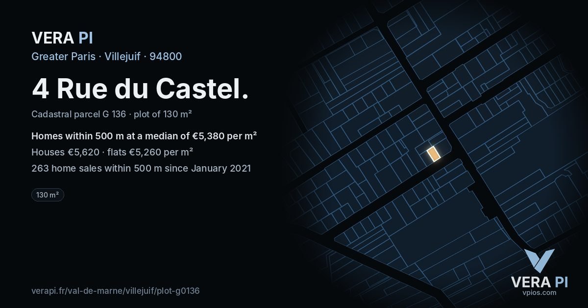 4 Rue du Castel, Villejuif at night – the plot lit, the parcels around coloured by the prices near them