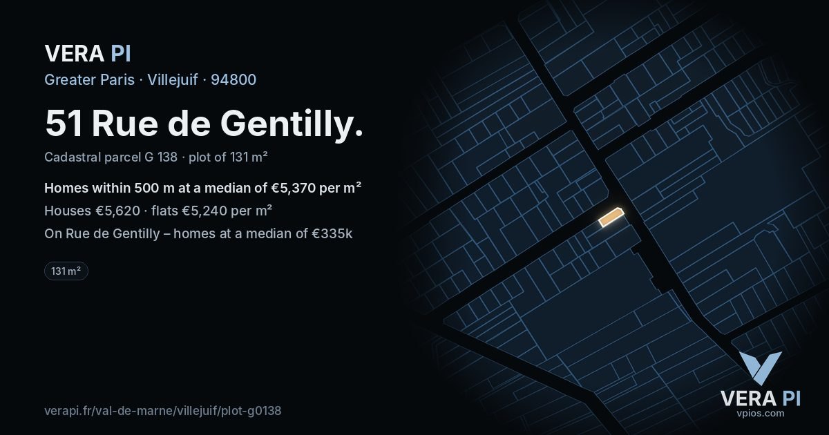 51 Rue de Gentilly, Villejuif at night – the plot lit, the parcels around coloured by the prices near them