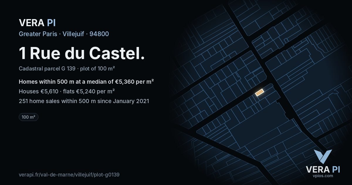 1 Rue du Castel, Villejuif at night – the plot lit, the parcels around coloured by the prices near them