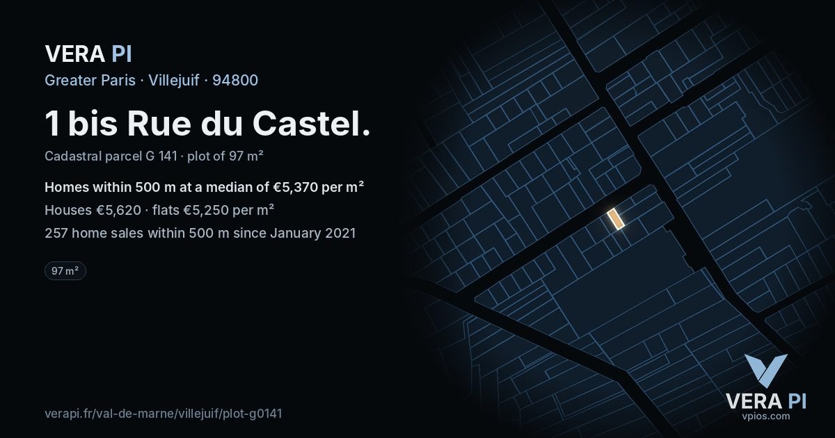 1 bis Rue du Castel, Villejuif at night – the plot lit, the parcels around coloured by the prices near them