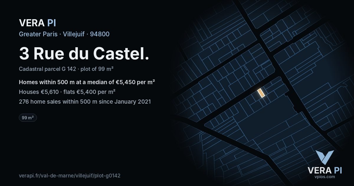 3 Rue du Castel, Villejuif at night – the plot lit, the parcels around coloured by the prices near them