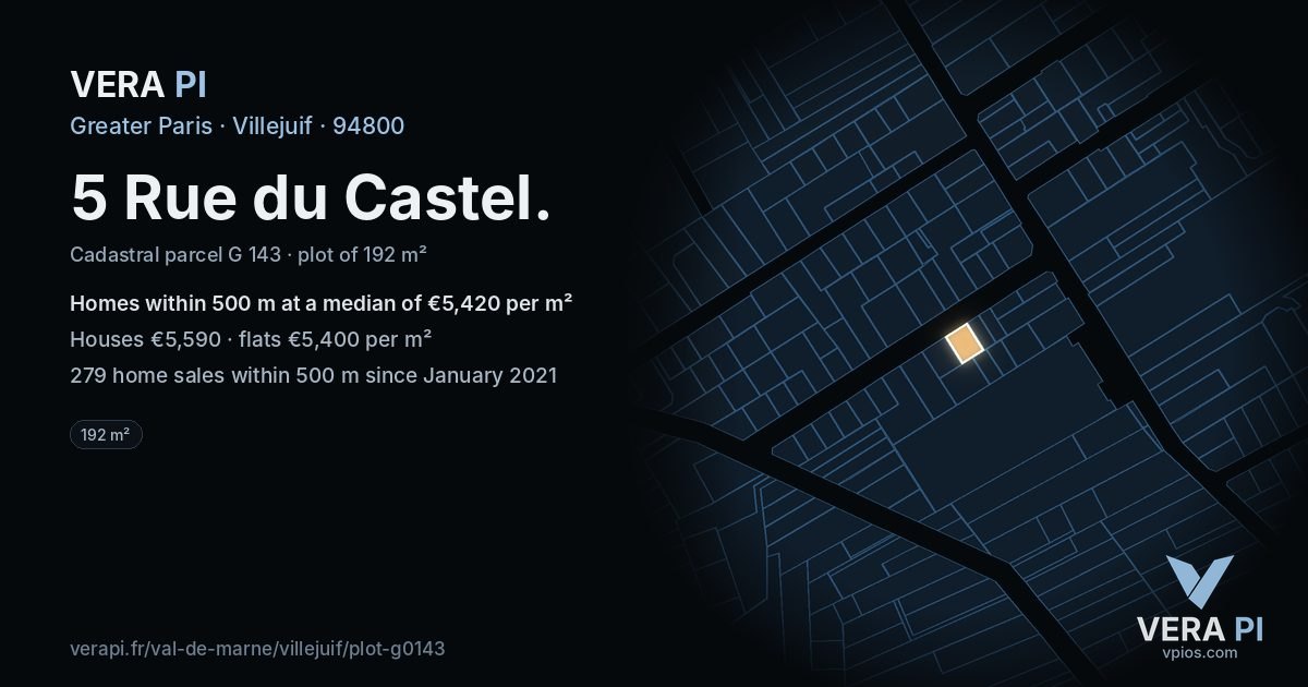 5 Rue du Castel, Villejuif at night – the plot lit, the parcels around coloured by the prices near them