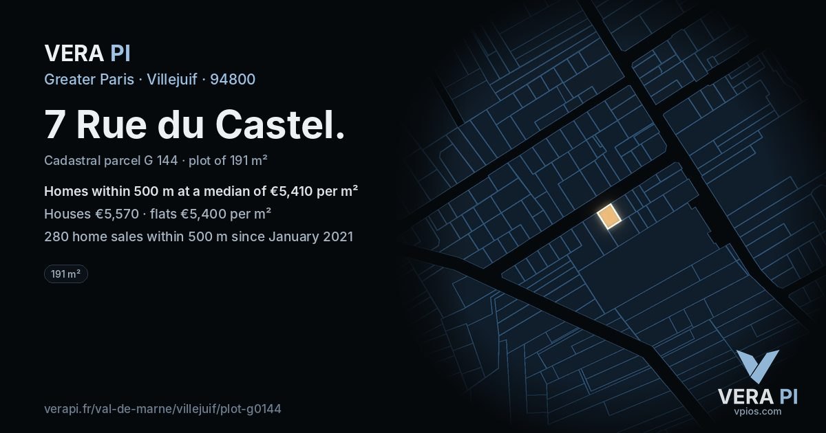 7 Rue du Castel, Villejuif at night – the plot lit, the parcels around coloured by the prices near them