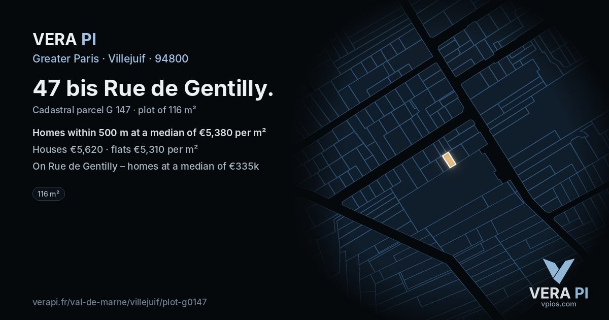 47 bis Rue de Gentilly, Villejuif at night – the plot lit, the parcels around coloured by the prices near them