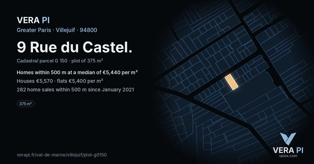 9 Rue du Castel, Villejuif at night – the plot lit, the parcels around coloured by the prices near them